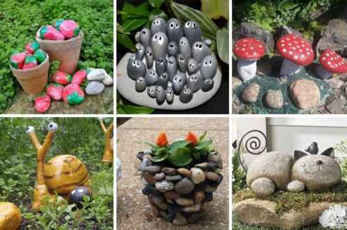 Из камней различных размеров можно создать своими руками поистине великолепные украшения для сада или огорода. Их можно разрисовать специальными красками. Можно сделать целые композиции, просто выложив камни или соединив их цементным раствором.